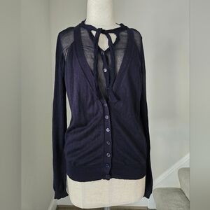 IBlues Navy Sheer Silk Cashmere Button-Up Cardigan Size L